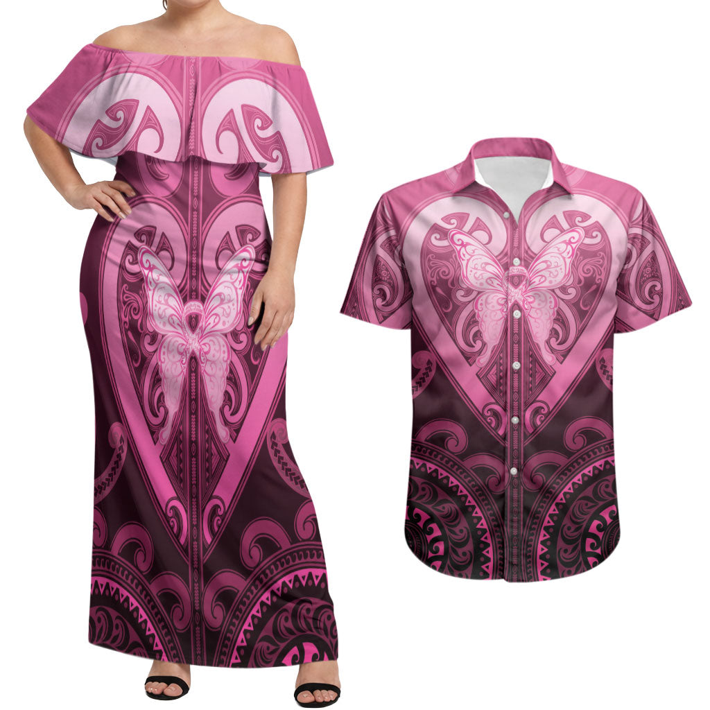 Aotearoa Breast Cancer Couples Matching Off Shoulder Maxi Dress and Hawaiian Shirt Maori Tribal Pattern