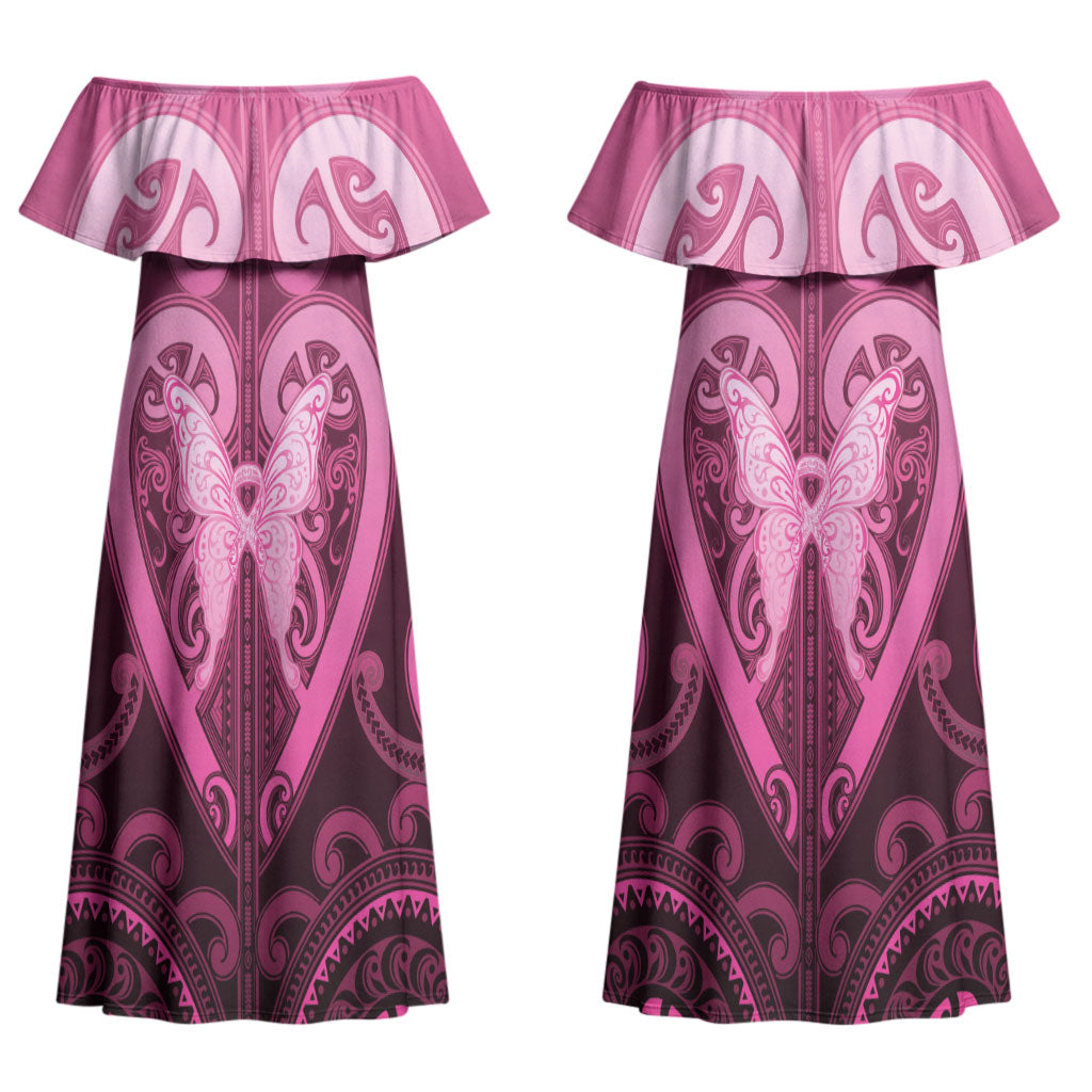 Aotearoa Breast Cancer Couples Matching Off Shoulder Maxi Dress and Hawaiian Shirt Maori Tribal Pattern