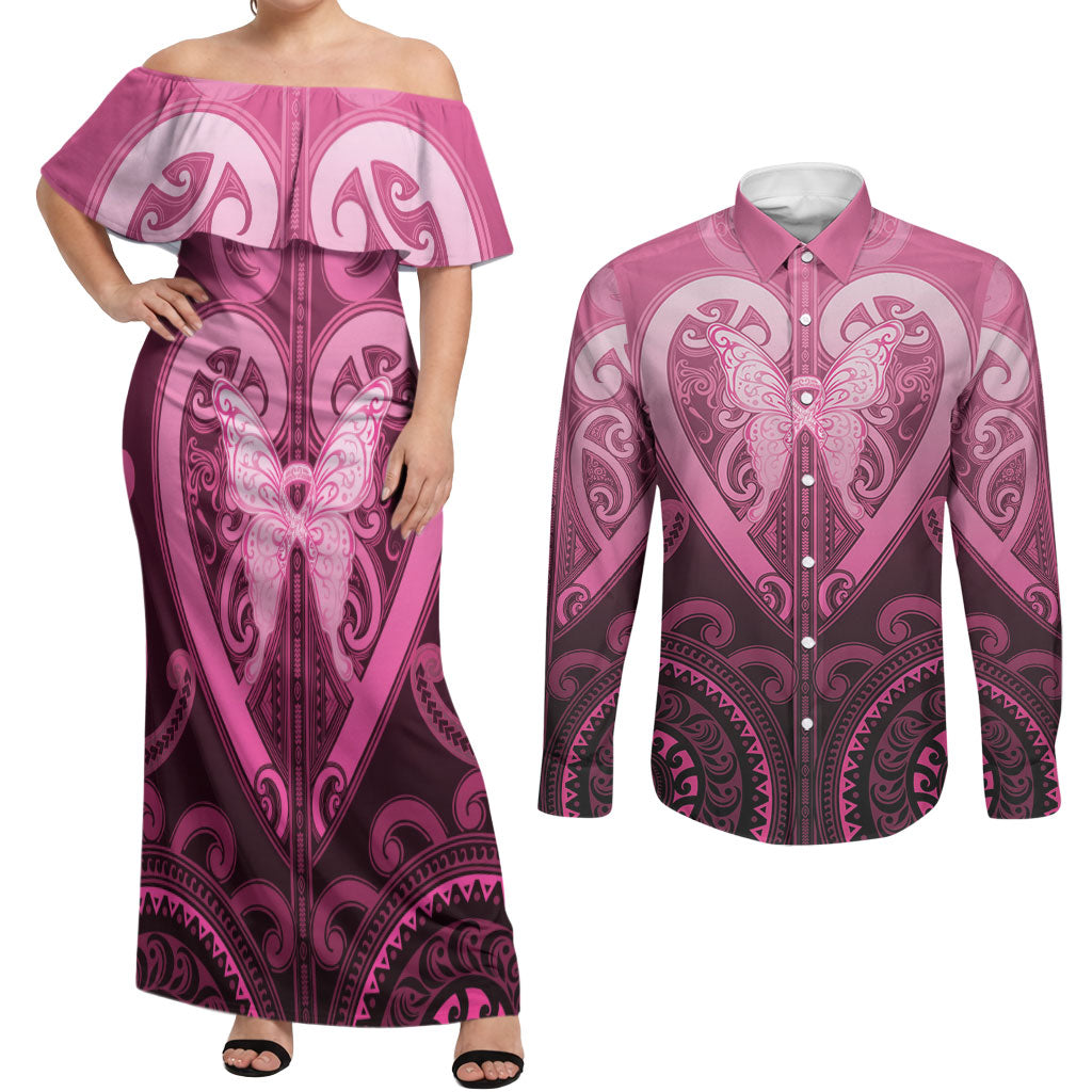 Aotearoa Breast Cancer Couples Matching Off Shoulder Maxi Dress and Long Sleeve Button Shirt Maori Tribal Pattern