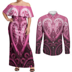 Aotearoa Breast Cancer Couples Matching Off Shoulder Maxi Dress and Long Sleeve Button Shirt Maori Tribal Pattern