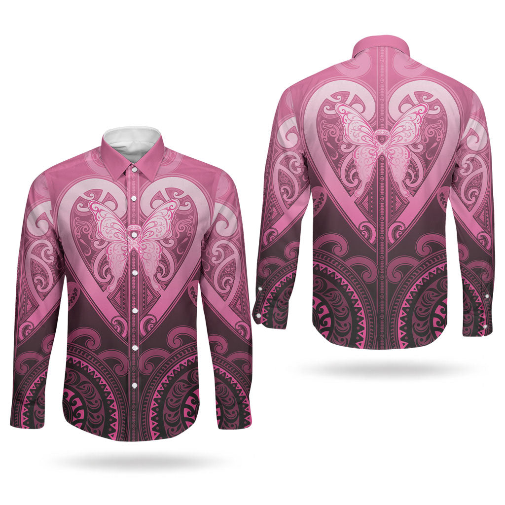 Aotearoa Breast Cancer Couples Matching Off Shoulder Maxi Dress and Long Sleeve Button Shirt Maori Tribal Pattern