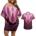 Aotearoa Breast Cancer Couples Matching Off Shoulder Short Dress and Hawaiian Shirt Maori Tribal Pattern