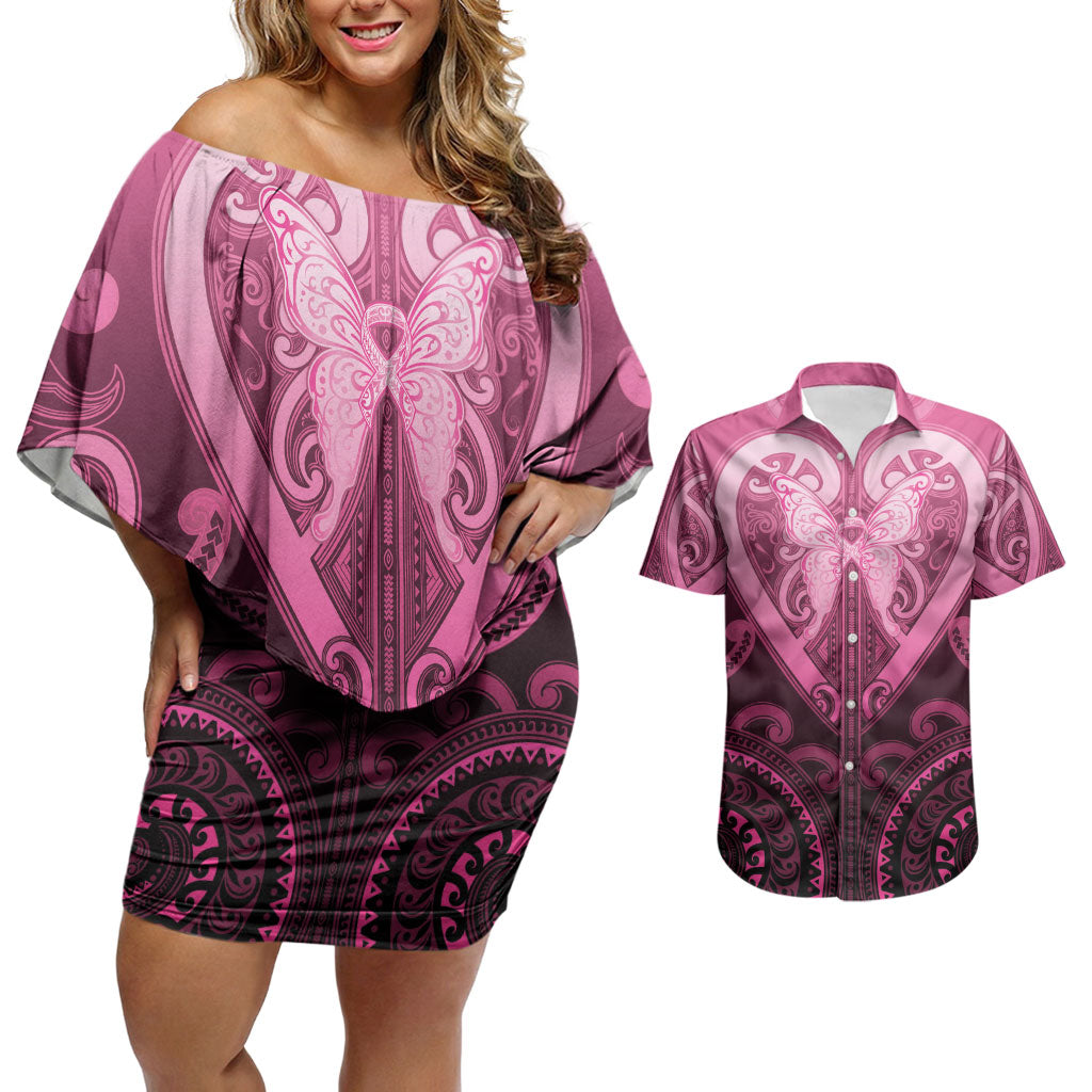 Aotearoa Breast Cancer Couples Matching Off Shoulder Short Dress and Hawaiian Shirt Maori Tribal Pattern