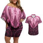 Aotearoa Breast Cancer Couples Matching Off Shoulder Short Dress and Hawaiian Shirt Maori Tribal Pattern
