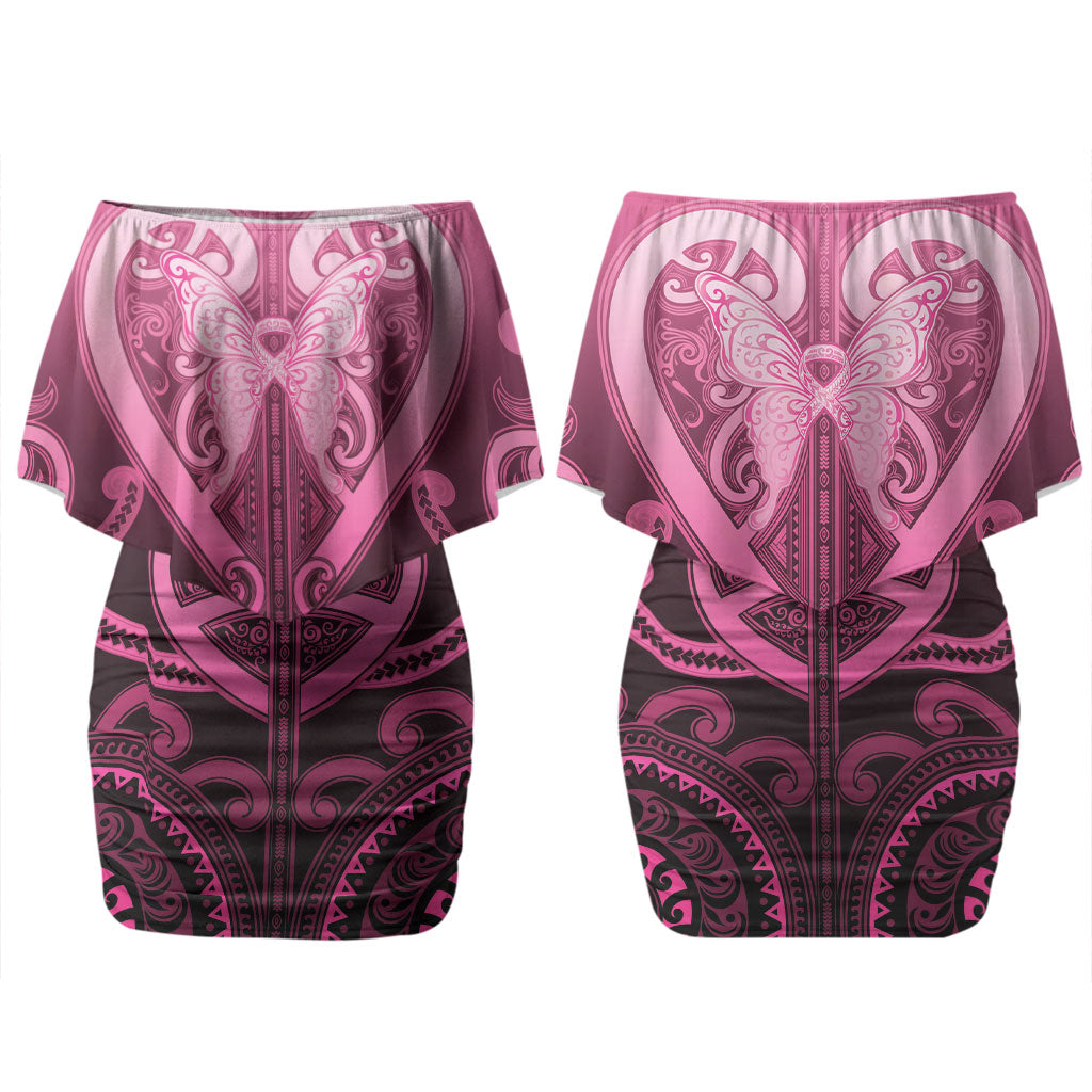 Aotearoa Breast Cancer Couples Matching Off Shoulder Short Dress and Hawaiian Shirt Maori Tribal Pattern