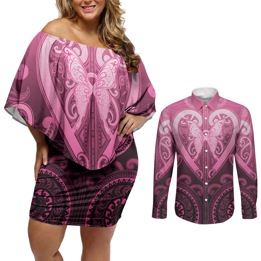 Aotearoa Breast Cancer Couples Matching Off Shoulder Short Dress and Long Sleeve Button Shirt Maori Tribal Pattern