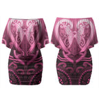 Aotearoa Breast Cancer Couples Matching Off Shoulder Short Dress and Long Sleeve Button Shirt Maori Tribal Pattern