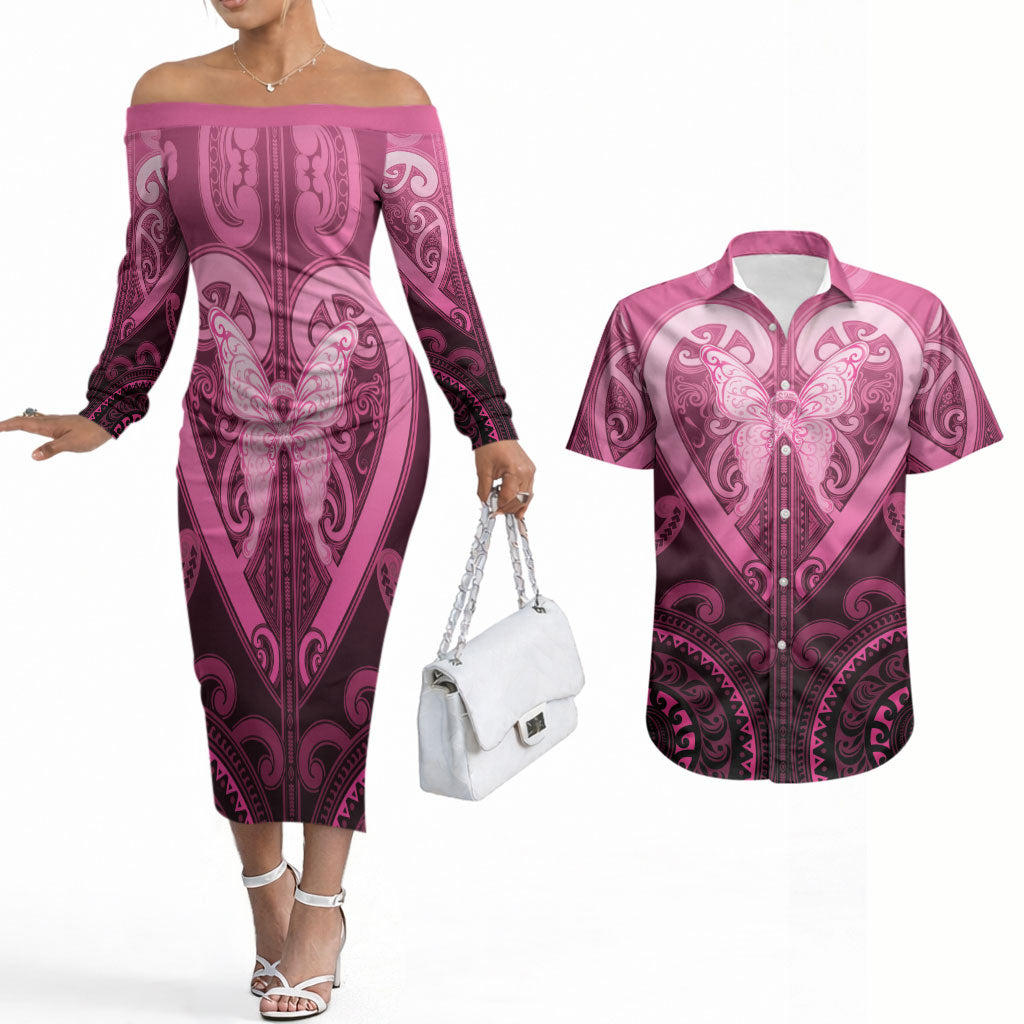 Aotearoa Breast Cancer Couples Matching Off The Shoulder Long Sleeve Dress and Hawaiian Shirt Maori Tribal Pattern