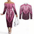 Aotearoa Breast Cancer Couples Matching Off The Shoulder Long Sleeve Dress and Long Sleeve Button Shirt Maori Tribal Pattern