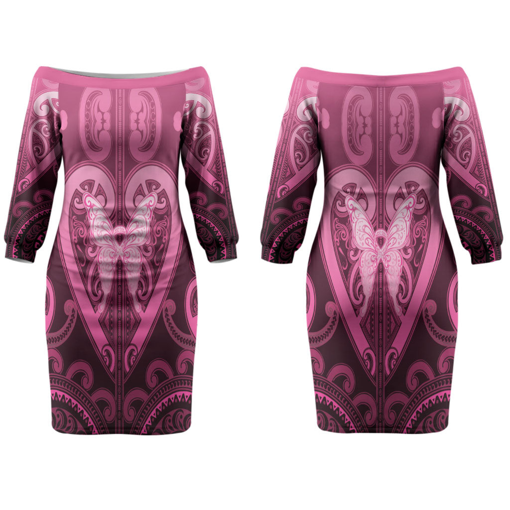 Aotearoa Breast Cancer Couples Matching Off The Shoulder Long Sleeve Dress and Long Sleeve Button Shirt Maori Tribal Pattern