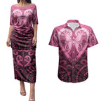 Aotearoa Breast Cancer Couples Matching Puletasi and Hawaiian Shirt Maori Tribal Pattern