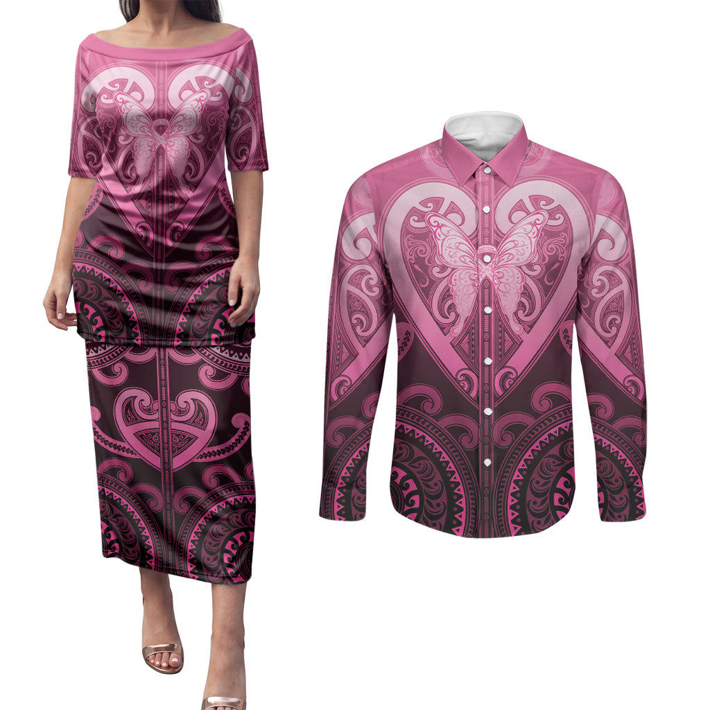 Aotearoa Breast Cancer Couples Matching Puletasi and Long Sleeve Button Shirt Maori Tribal Pattern