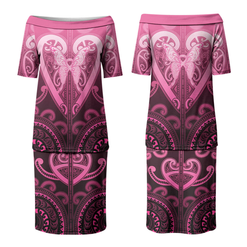 Aotearoa Breast Cancer Couples Matching Puletasi and Long Sleeve Button Shirt Maori Tribal Pattern