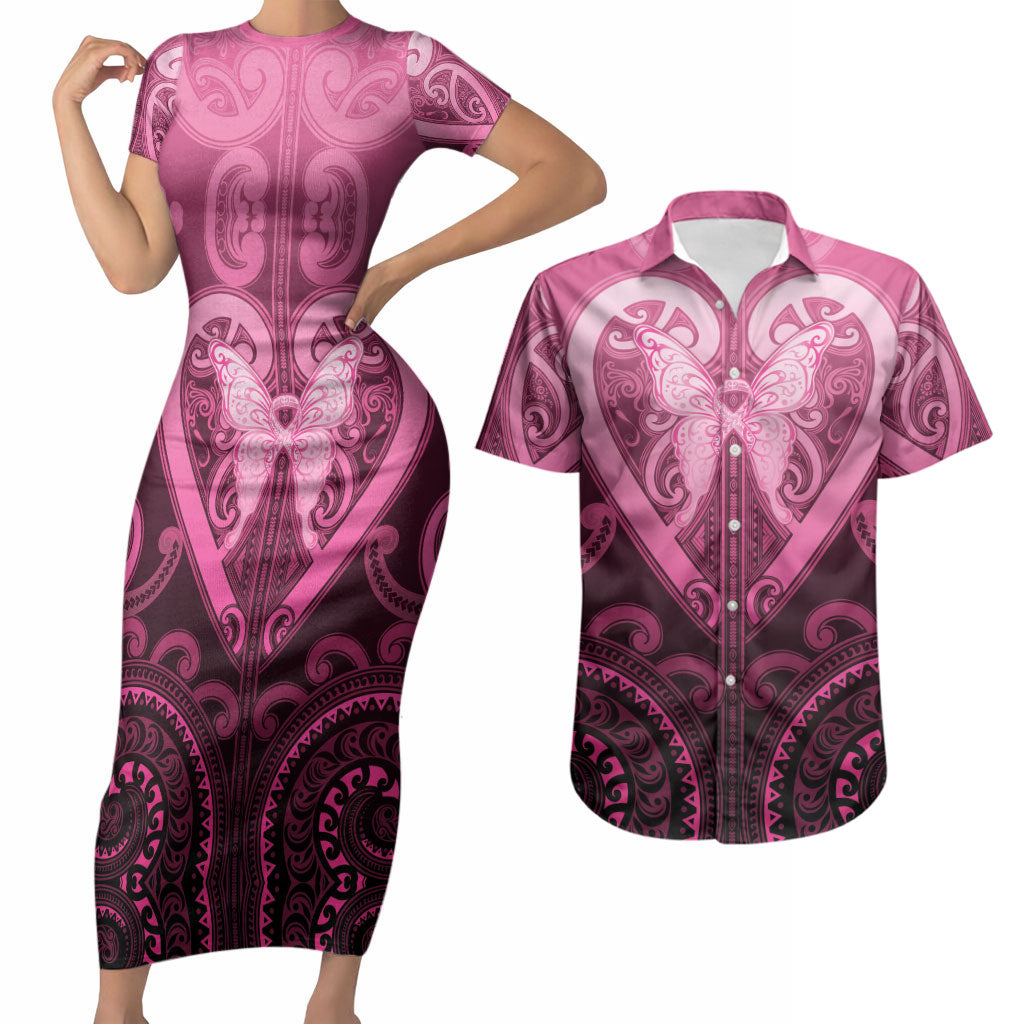 Aotearoa Breast Cancer Couples Matching Short Sleeve Bodycon Dress and Hawaiian Shirt Maori Tribal Pattern