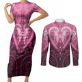 Aotearoa Breast Cancer Couples Matching Short Sleeve Bodycon Dress and Long Sleeve Button Shirt Maori Tribal Pattern