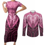 Aotearoa Breast Cancer Couples Matching Short Sleeve Bodycon Dress and Long Sleeve Button Shirt Maori Tribal Pattern