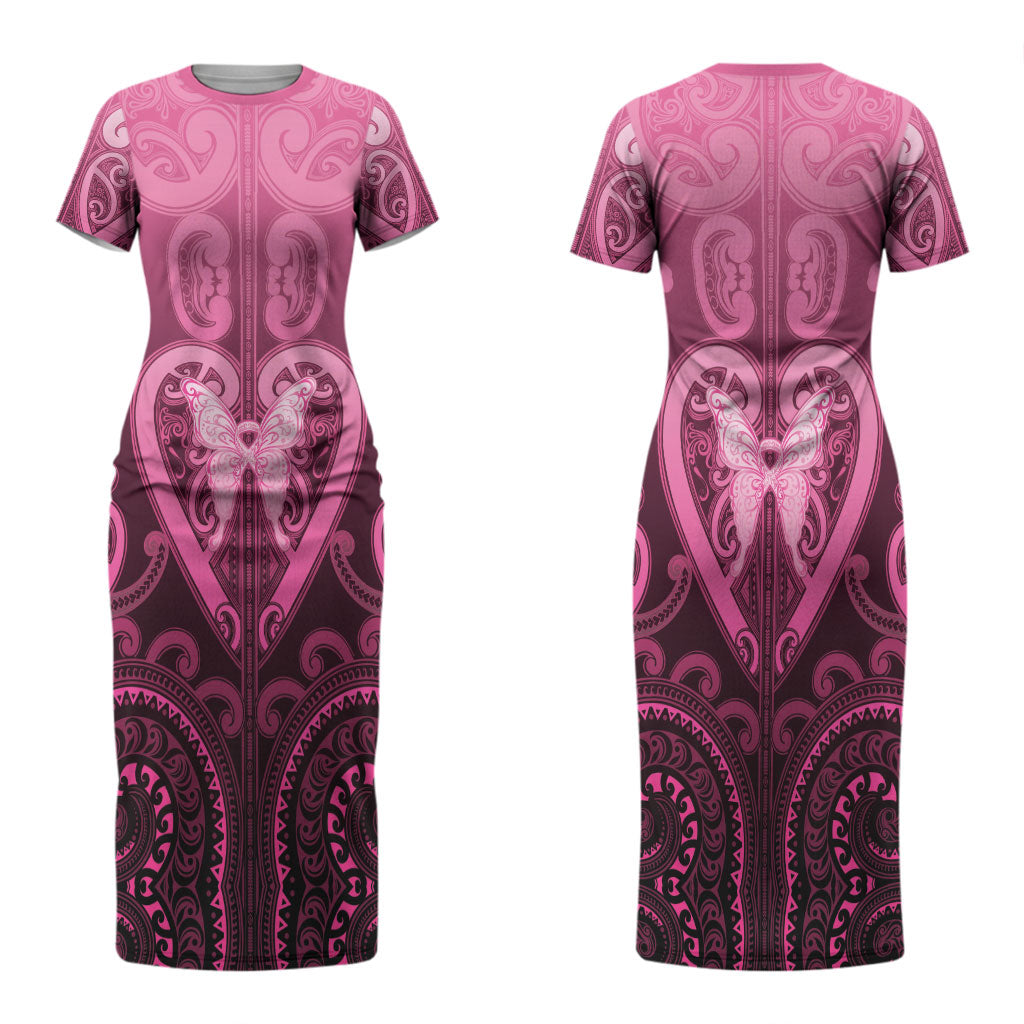 Aotearoa Breast Cancer Couples Matching Short Sleeve Bodycon Dress and Long Sleeve Button Shirt Maori Tribal Pattern