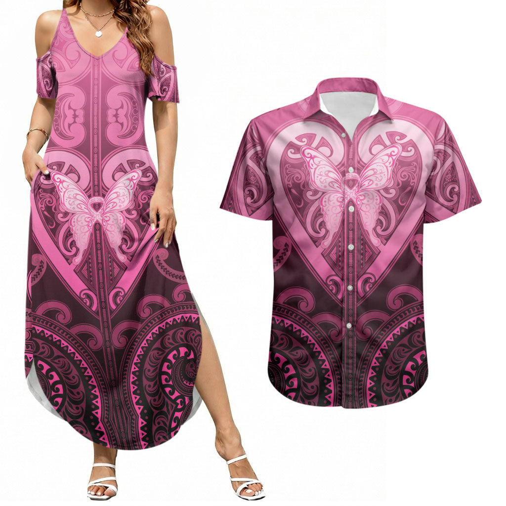 Aotearoa Breast Cancer Couples Matching Summer Maxi Dress and Hawaiian Shirt Maori Tribal Pattern