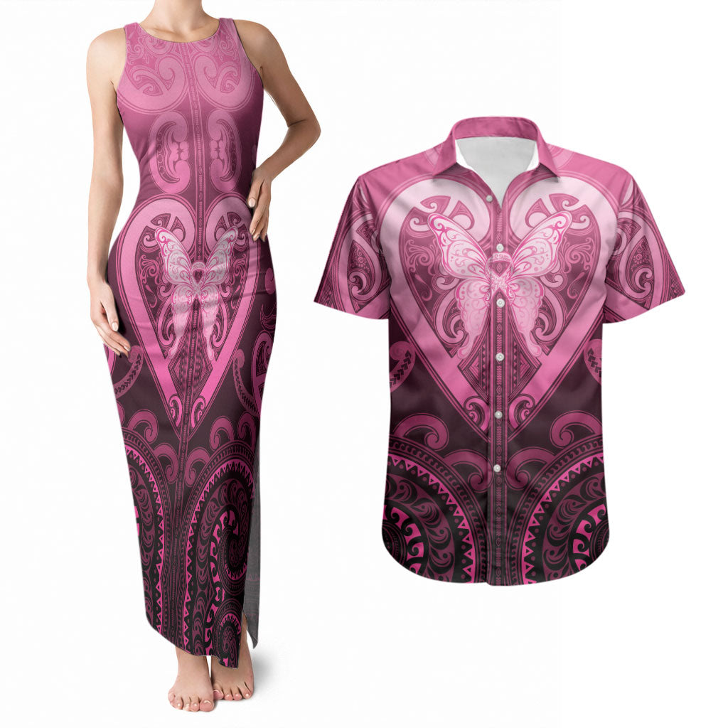 Aotearoa Breast Cancer Couples Matching Tank Maxi Dress and Hawaiian Shirt Maori Tribal Pattern
