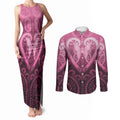 Aotearoa Breast Cancer Couples Matching Tank Maxi Dress and Long Sleeve Button Shirt Maori Tribal Pattern