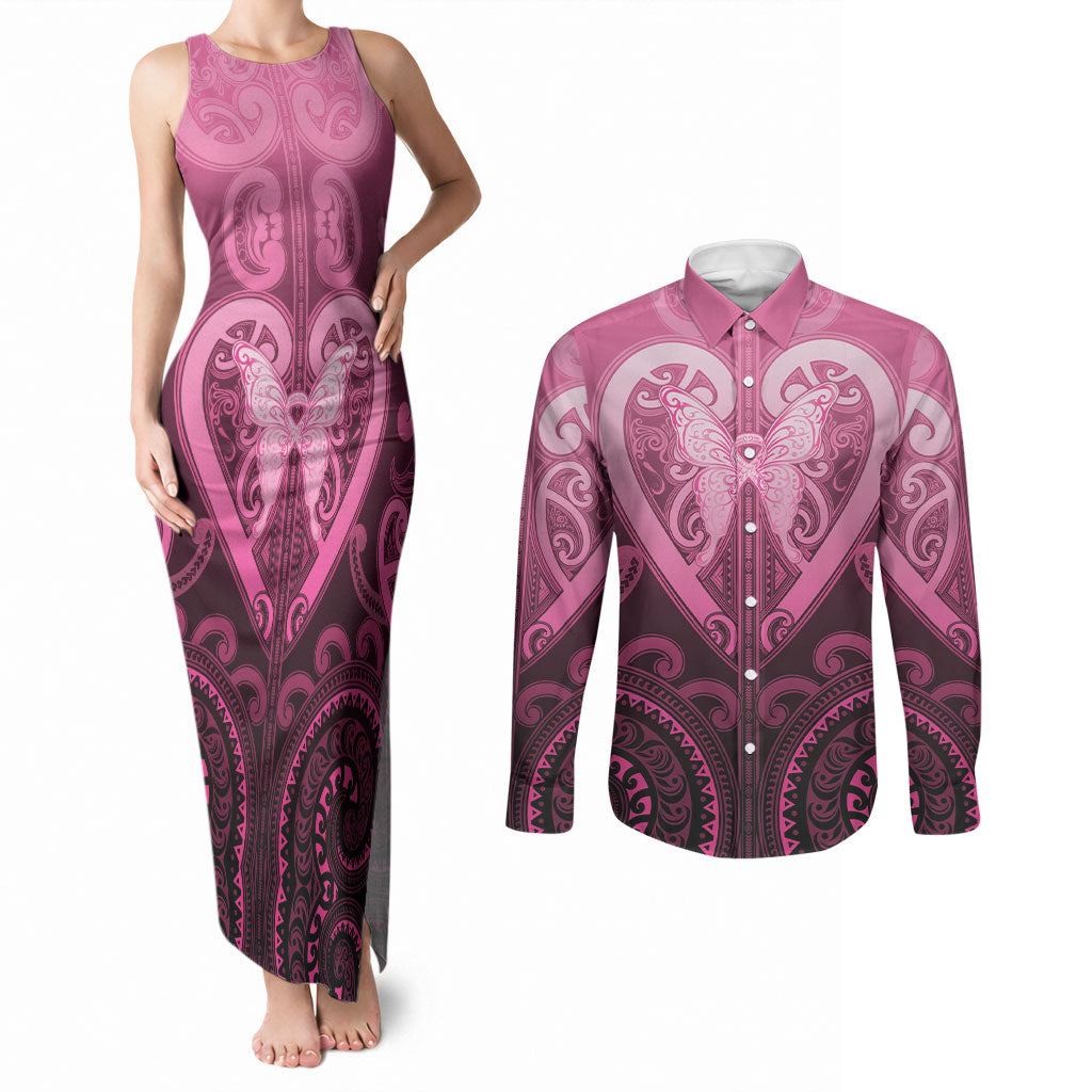 Aotearoa Breast Cancer Couples Matching Tank Maxi Dress and Long Sleeve Button Shirt Maori Tribal Pattern