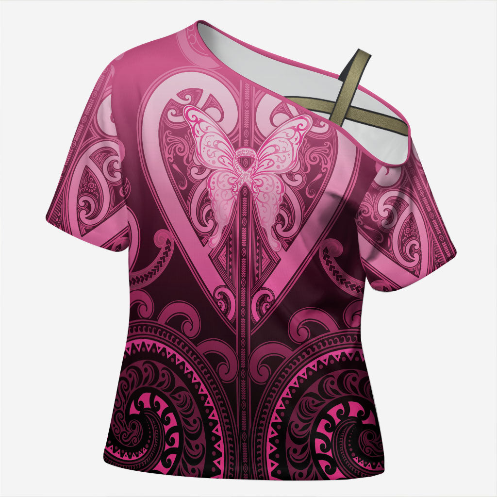 Aotearoa Breast Cancer Cross Shoulder Shirt Maori Tribal Pattern