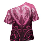 Aotearoa Breast Cancer Cross Shoulder Shirt Maori Tribal Pattern