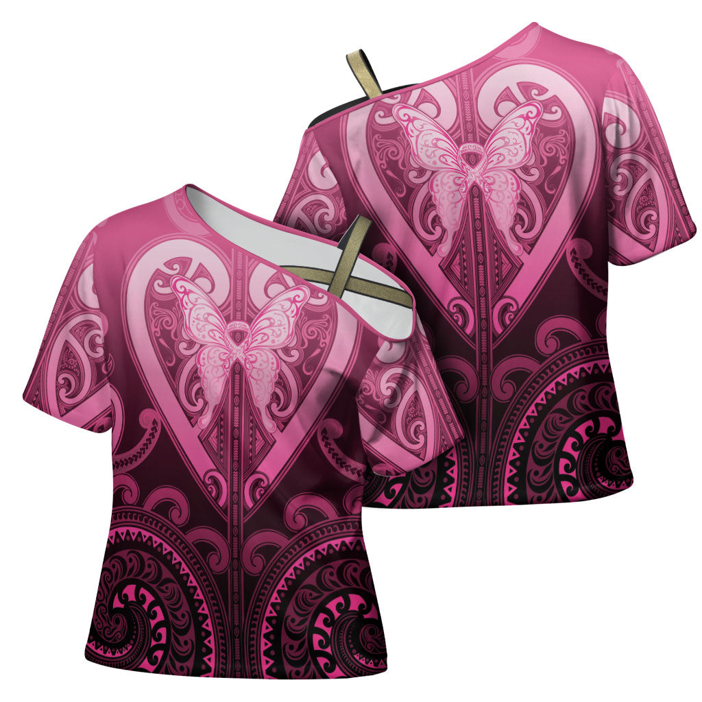 Aotearoa Breast Cancer Cross Shoulder Shirt Maori Tribal Pattern