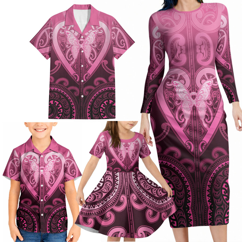 Aotearoa Breast Cancer Family Matching Long Sleeve Bodycon Dress and Hawaiian Shirt Maori Tribal Pattern