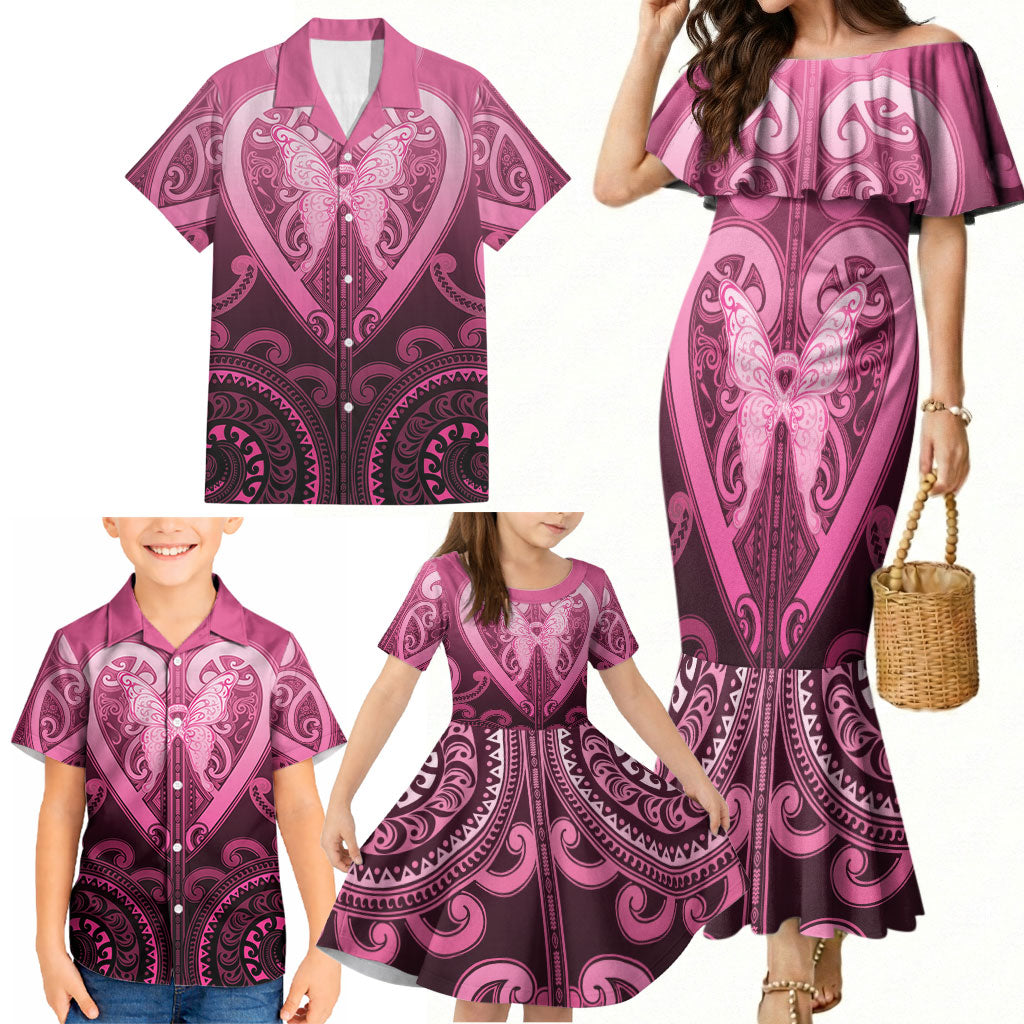 Aotearoa Breast Cancer Family Matching Mermaid Dress and Hawaiian Shirt Maori Tribal Pattern