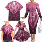 Aotearoa Breast Cancer Family Matching Off The Shoulder Long Sleeve Dress and Hawaiian Shirt Maori Tribal Pattern