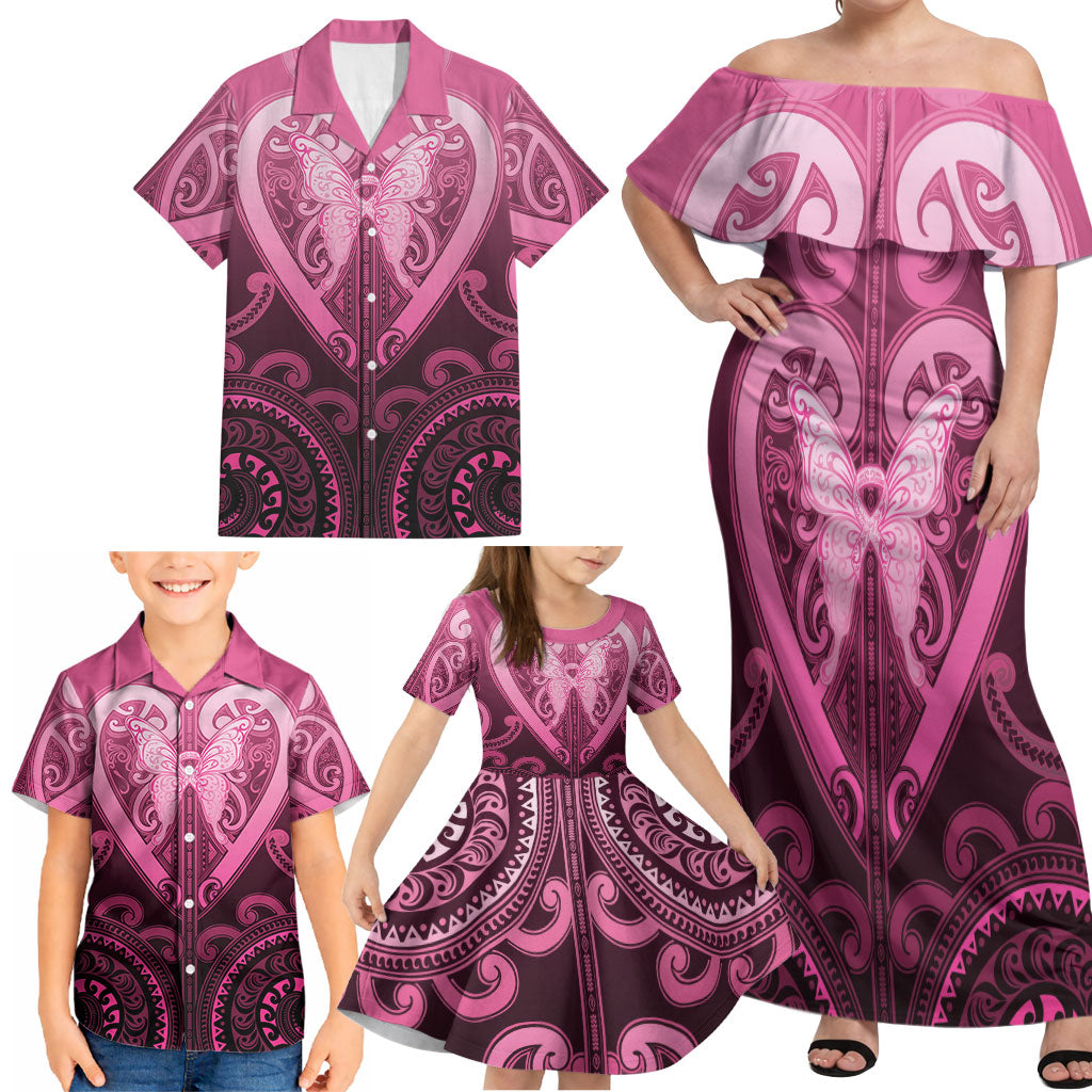 Aotearoa Breast Cancer Family Matching Off Shoulder Maxi Dress and Hawaiian Shirt Maori Tribal Pattern