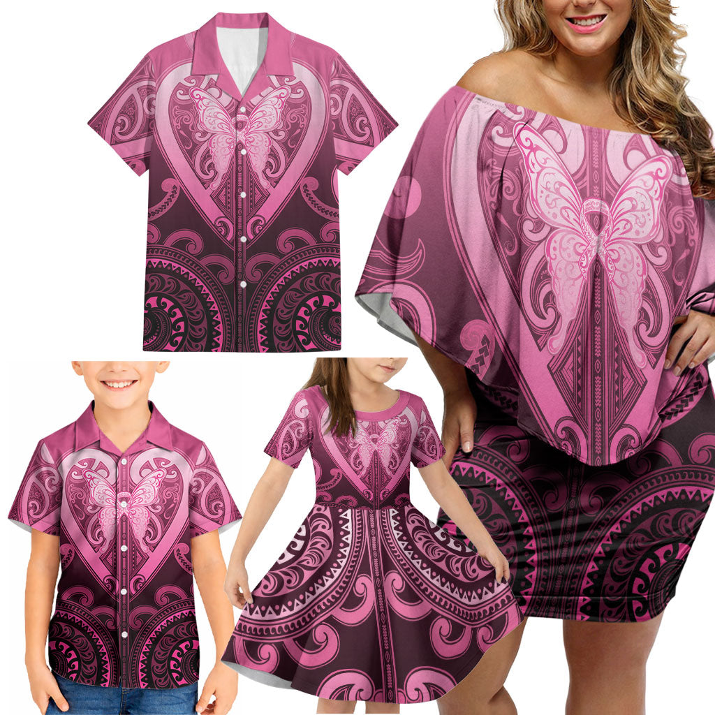 Aotearoa Breast Cancer Family Matching Off Shoulder Short Dress and Hawaiian Shirt Maori Tribal Pattern