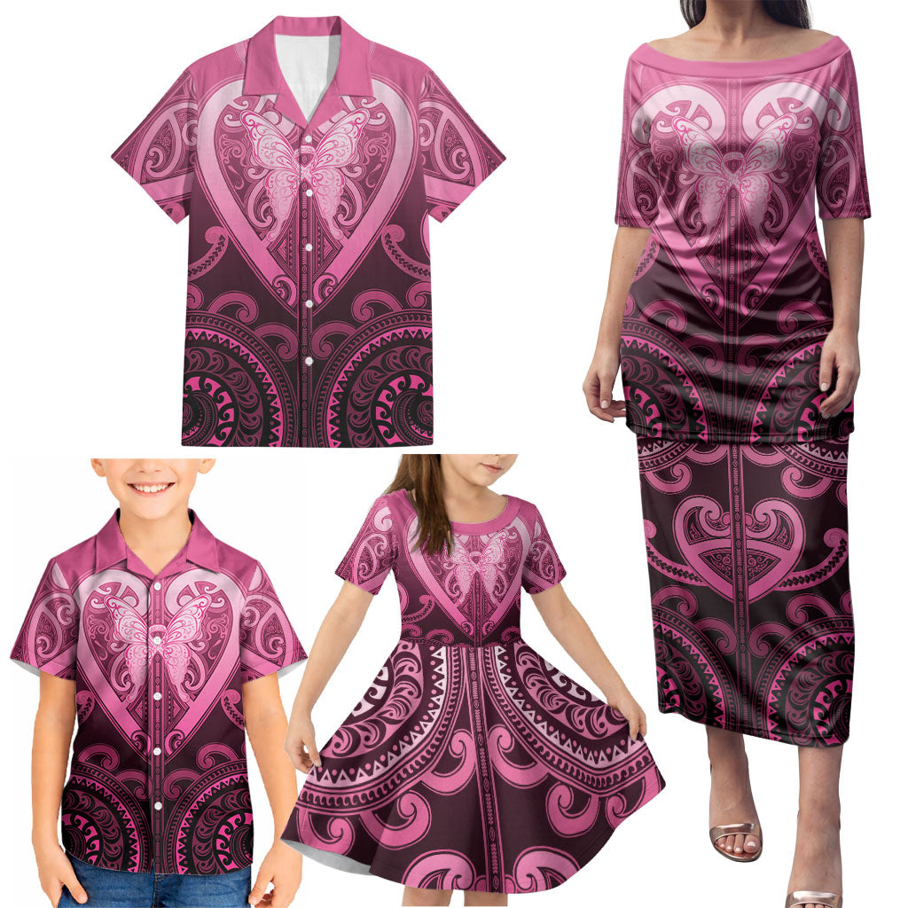 Aotearoa Breast Cancer Family Matching Puletasi and Hawaiian Shirt Maori Tribal Pattern