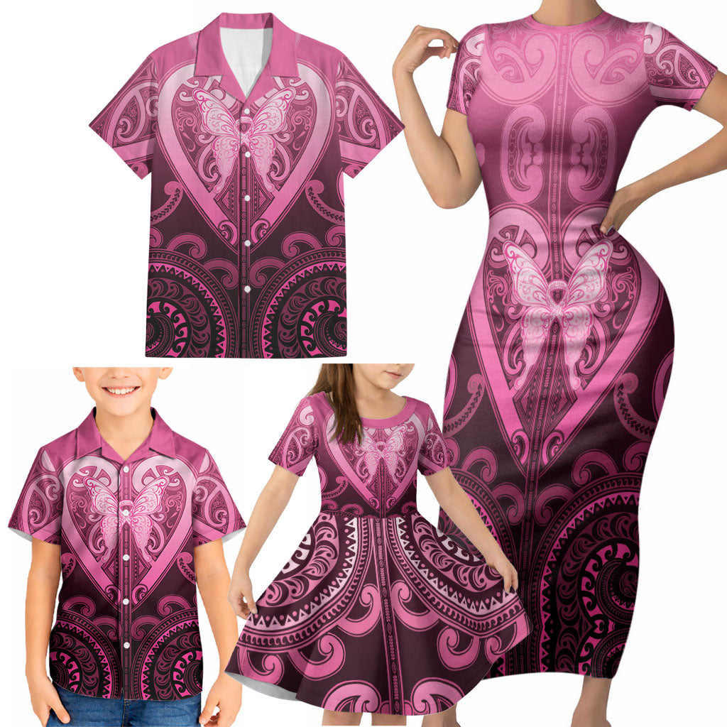 Aotearoa Breast Cancer Family Matching Short Sleeve Bodycon Dress and Hawaiian Shirt Maori Tribal Pattern