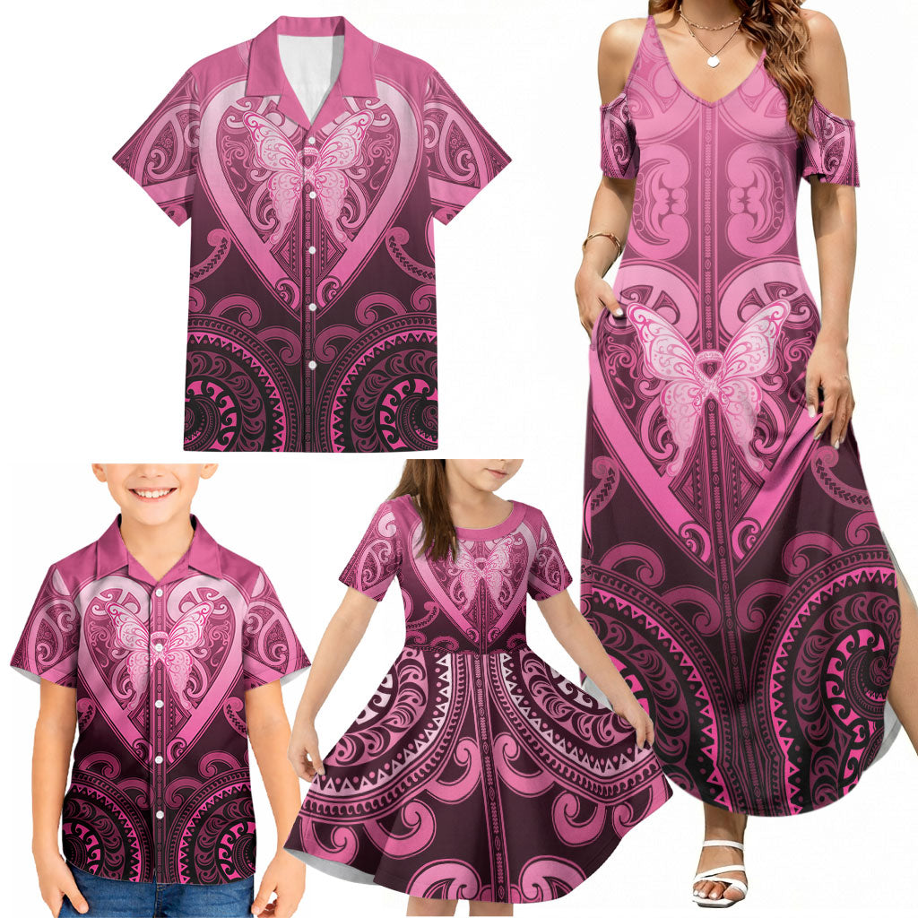 Aotearoa Breast Cancer Family Matching Summer Maxi Dress and Hawaiian Shirt Maori Tribal Pattern