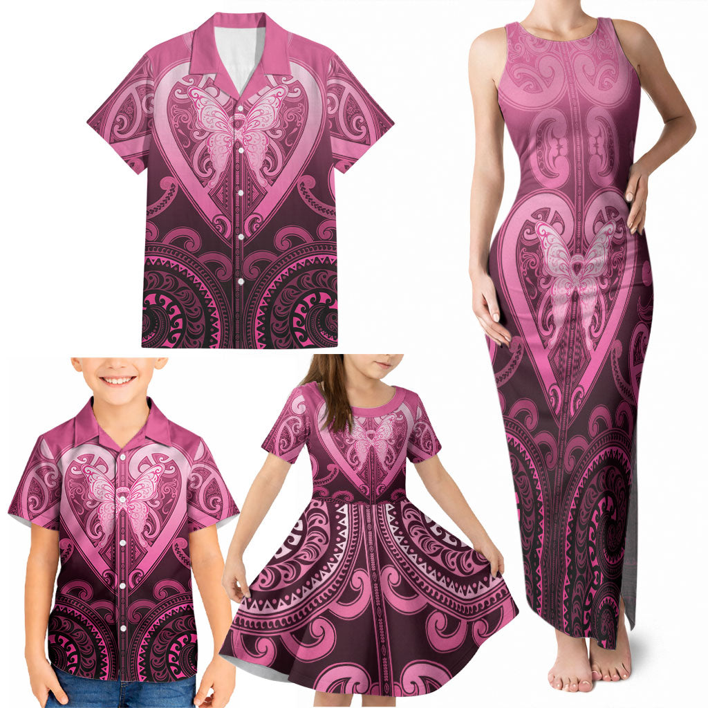 Aotearoa Breast Cancer Family Matching Tank Maxi Dress and Hawaiian Shirt Maori Tribal Pattern