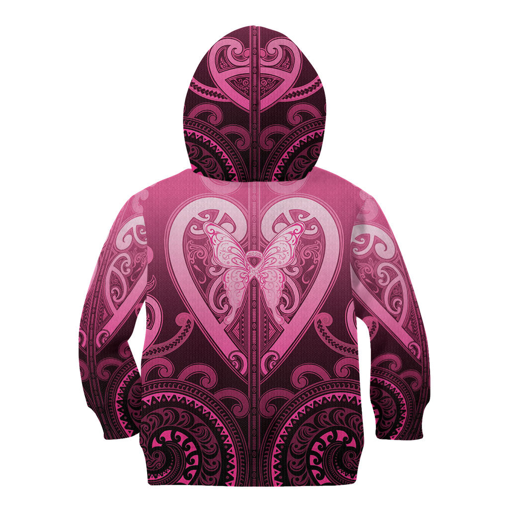 Aotearoa Breast Cancer Kid Hoodie Maori Tribal Pattern
