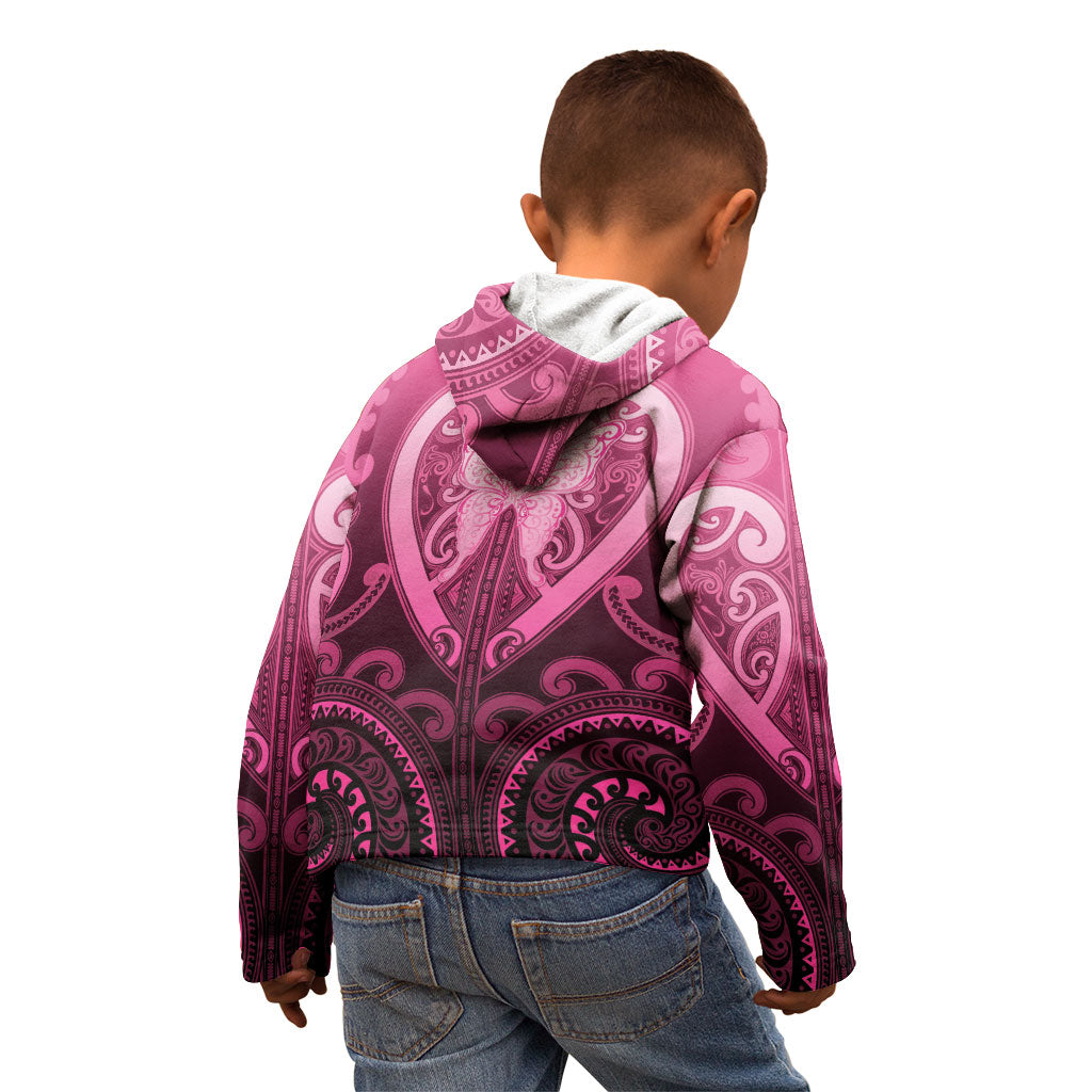 Aotearoa Breast Cancer Kid Hoodie Maori Tribal Pattern