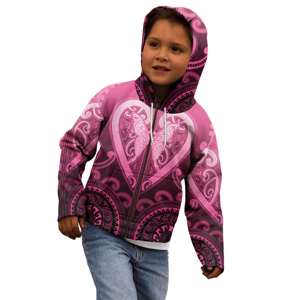 Aotearoa Breast Cancer Kid Hoodie Maori Tribal Pattern