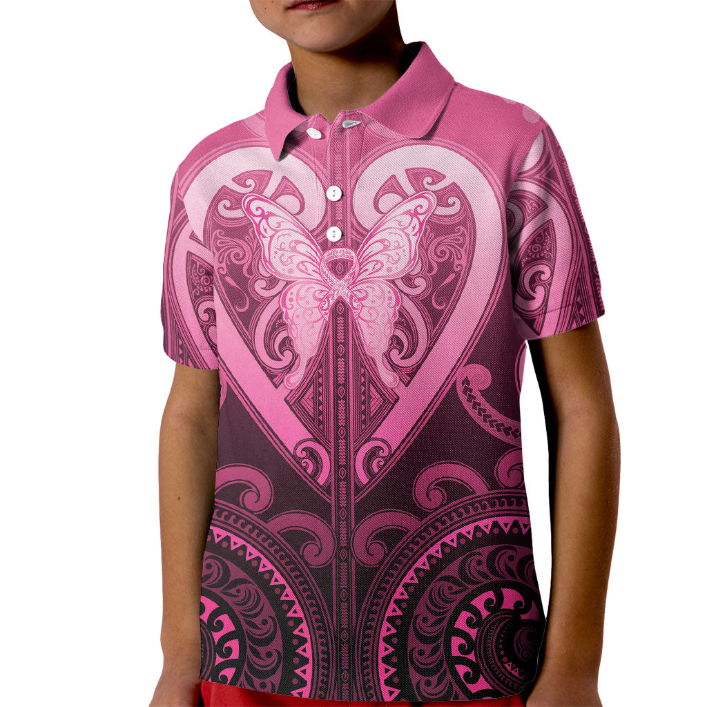 Aotearoa Breast Cancer Kid Polo Shirt Maori Tribal Pattern