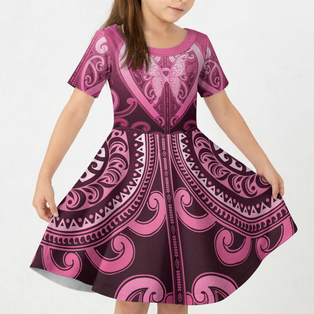 Aotearoa Breast Cancer Kid Short Sleeve Dress Maori Tribal Pattern