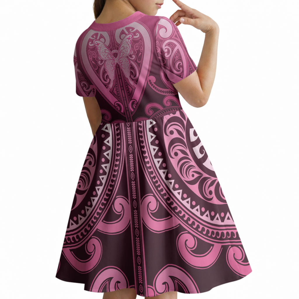 Aotearoa Breast Cancer Kid Short Sleeve Dress Maori Tribal Pattern
