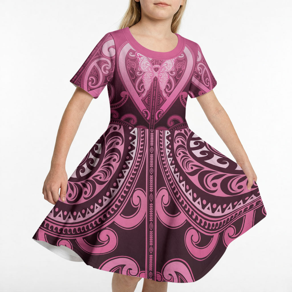 Aotearoa Breast Cancer Kid Short Sleeve Dress Maori Tribal Pattern