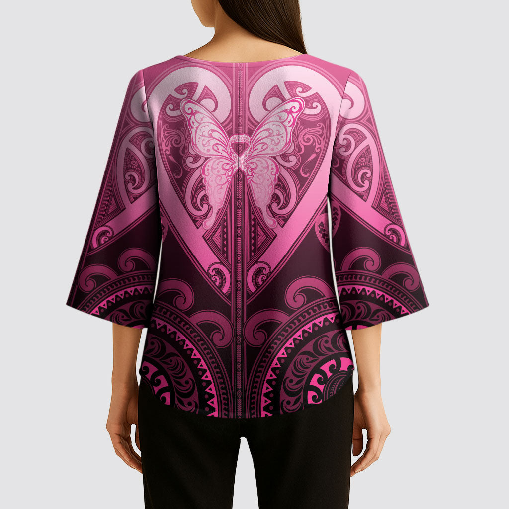 Aotearoa Breast Cancer Kimono Sleeve Blouse Maori Tribal Pattern