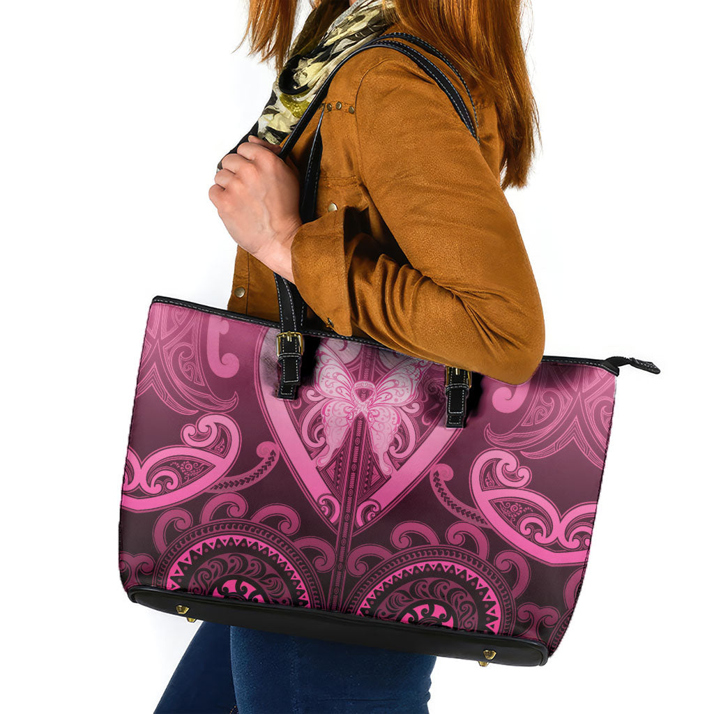 Aotearoa Breast Cancer Leather Tote Bag Maori Tribal Pattern