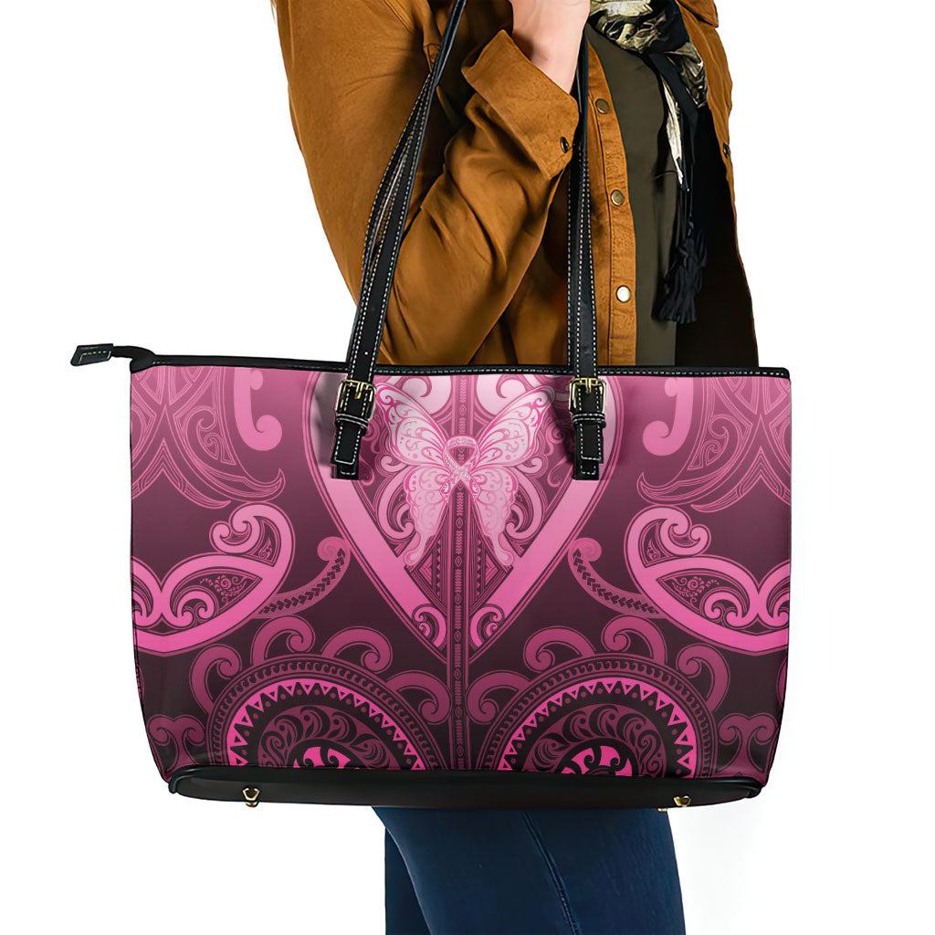 Aotearoa Breast Cancer Leather Tote Bag Maori Tribal Pattern