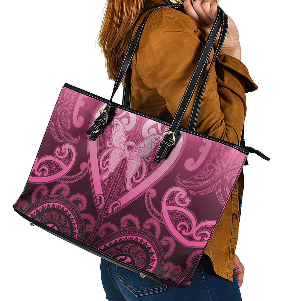 Aotearoa Breast Cancer Leather Tote Bag Maori Tribal Pattern