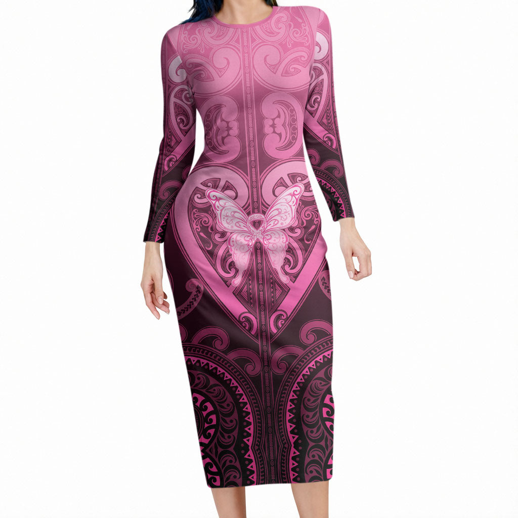 Aotearoa Breast Cancer Long Sleeve Bodycon Dress Maori Tribal Pattern