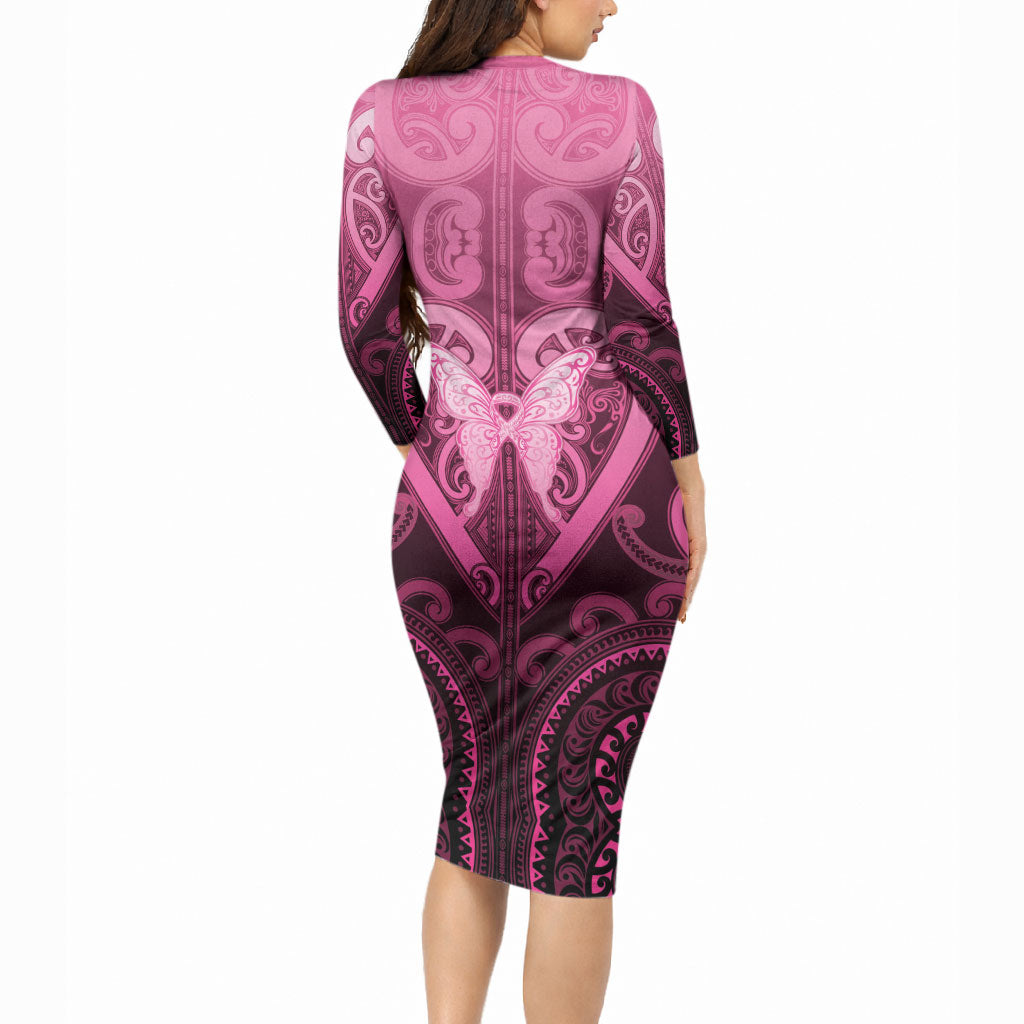Aotearoa Breast Cancer Long Sleeve Bodycon Dress Maori Tribal Pattern